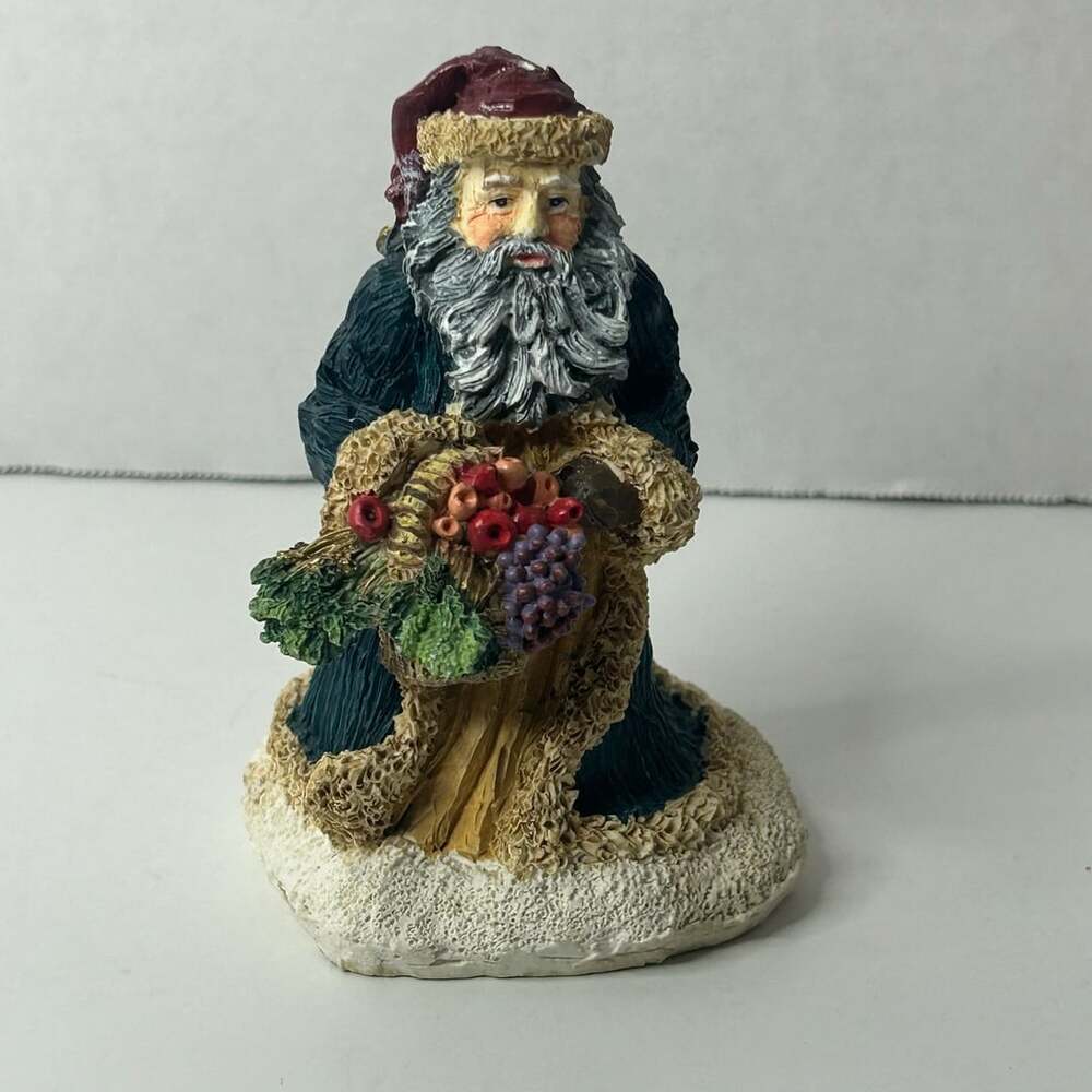 Vintage Christmas Santa Figurine in Blue Robe Holding Basket of Fruit and Grapes